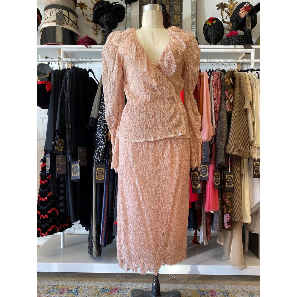 vintage 1980s sheer pink lace suit 80s fashion puff shoulders wrap blouse skirt - Picture 2 of 10